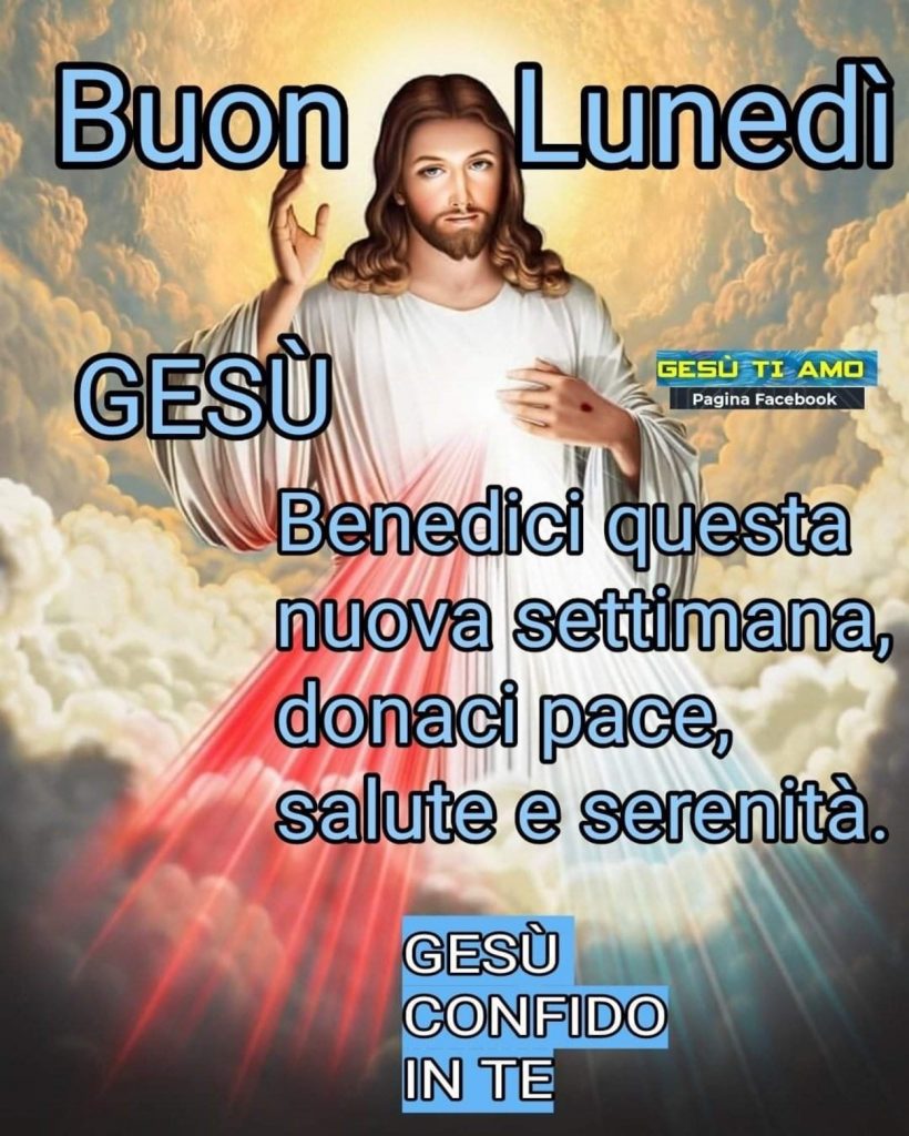 Buon Lunedì Gesù benedici questa nuova settimana, donaci pace, salute e serenità. Gesù confido in Te