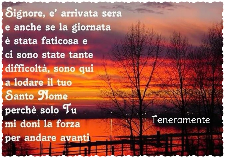 Signore, è arrivata sera e anche se la giornata è stata faticosa e ci sono state tante difficoltà, sono qui a lodare il nostro Santo Nome perché solo tu mi doni la forza per andare avanti