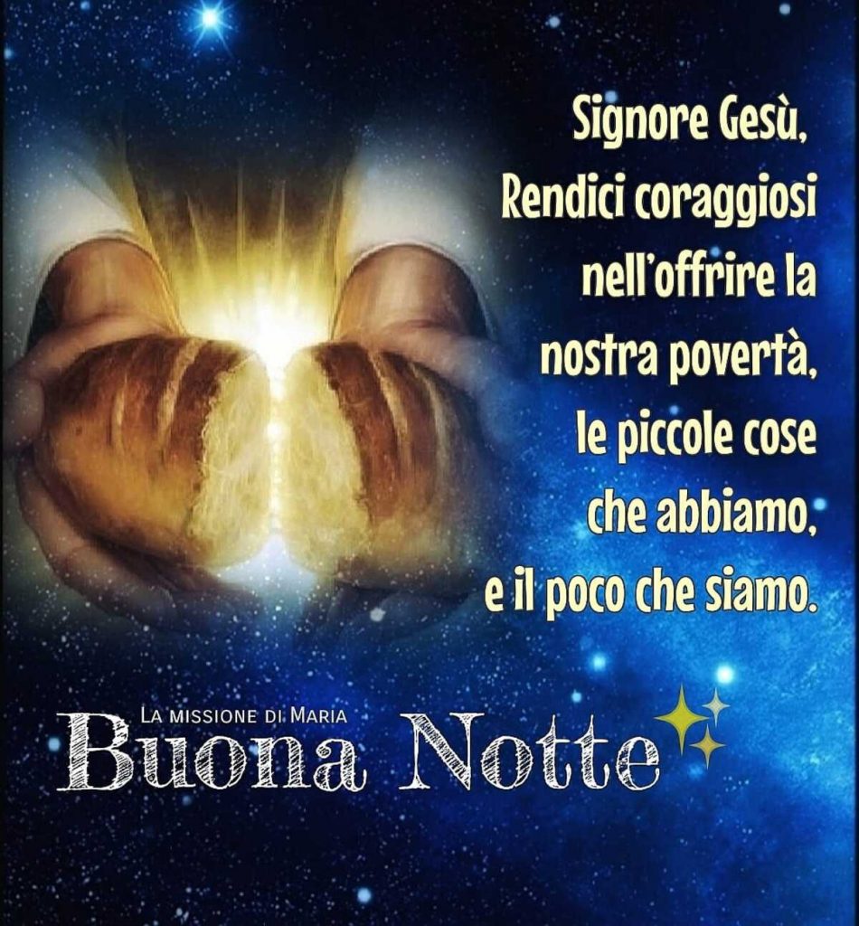 Signore Gesù, rendici coraggiosi nell'offrire la nostra povertà, le piccole cose che abbiamo, e il poco che siamo. Buona Notte
