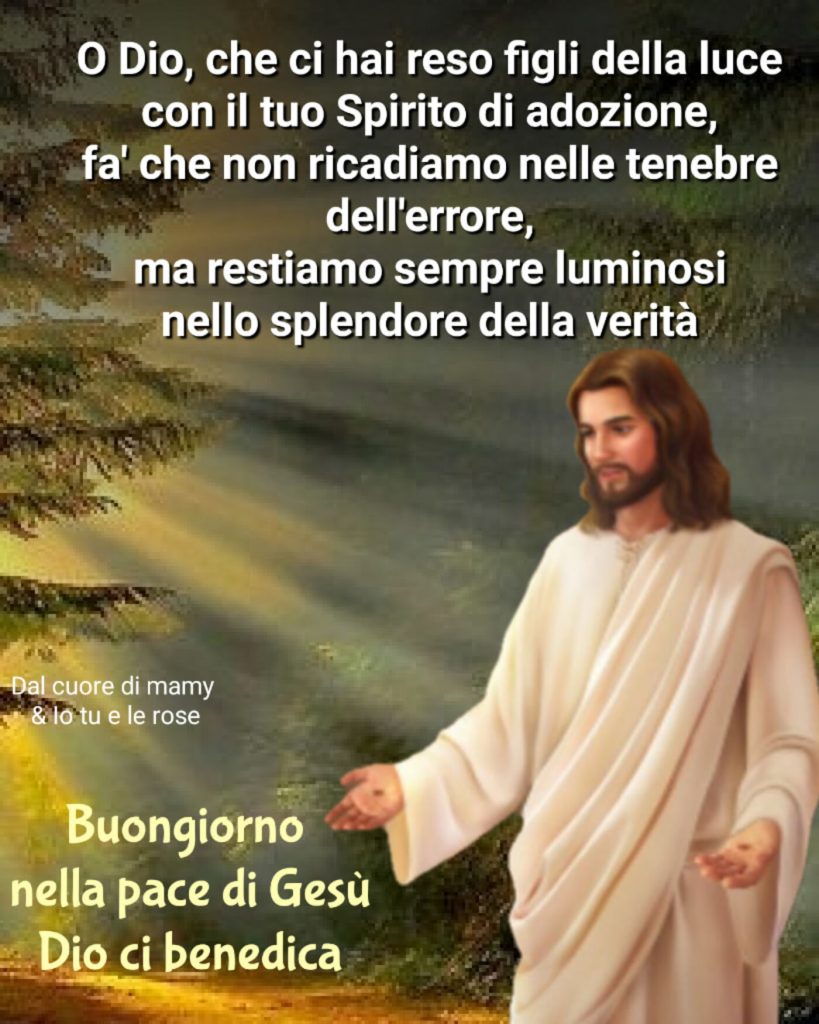 O Dio, che ci hai reso figli della luce con il tuo Spirito di adozione, fa'che non ricadiamo nelle tenebre dell'errore, ma restiamo sempre luminosi nello splendore della verità