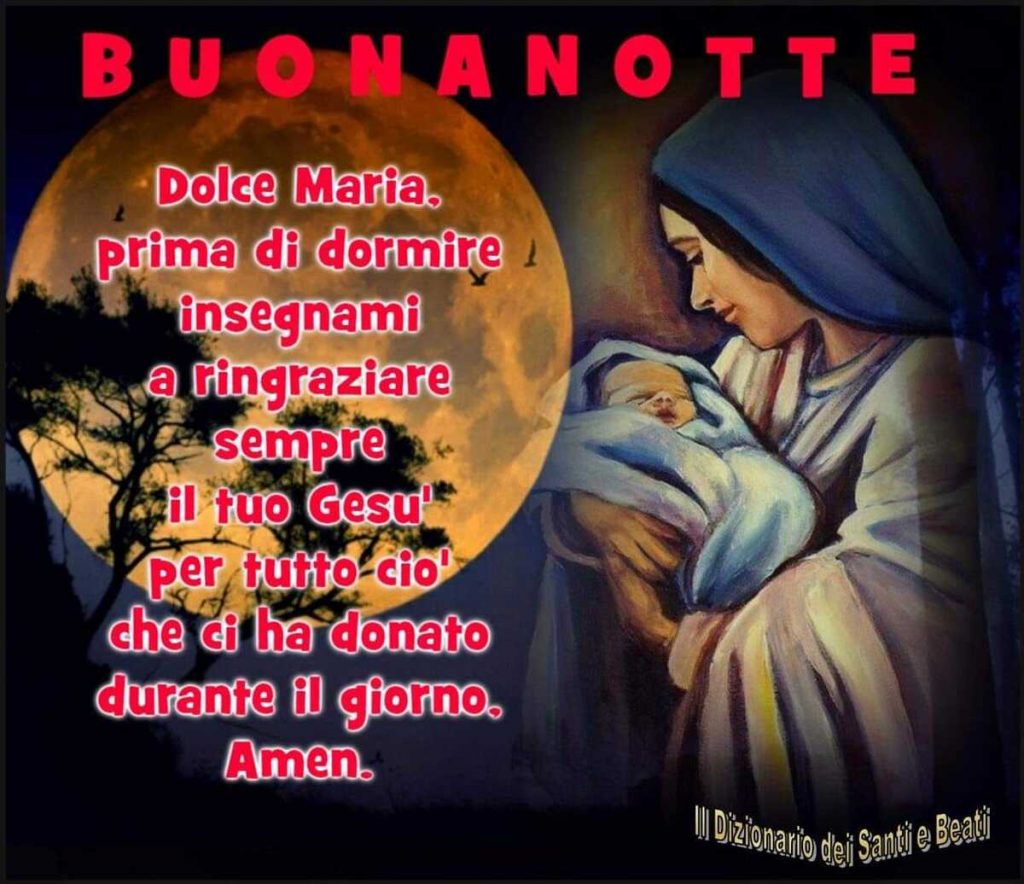 Buonanotte Dolce Maria, prima di dormire insegnami a ringraziare sempre il tuo Gesù per tutto ciò che ci ha donato durante il giorno. Amen