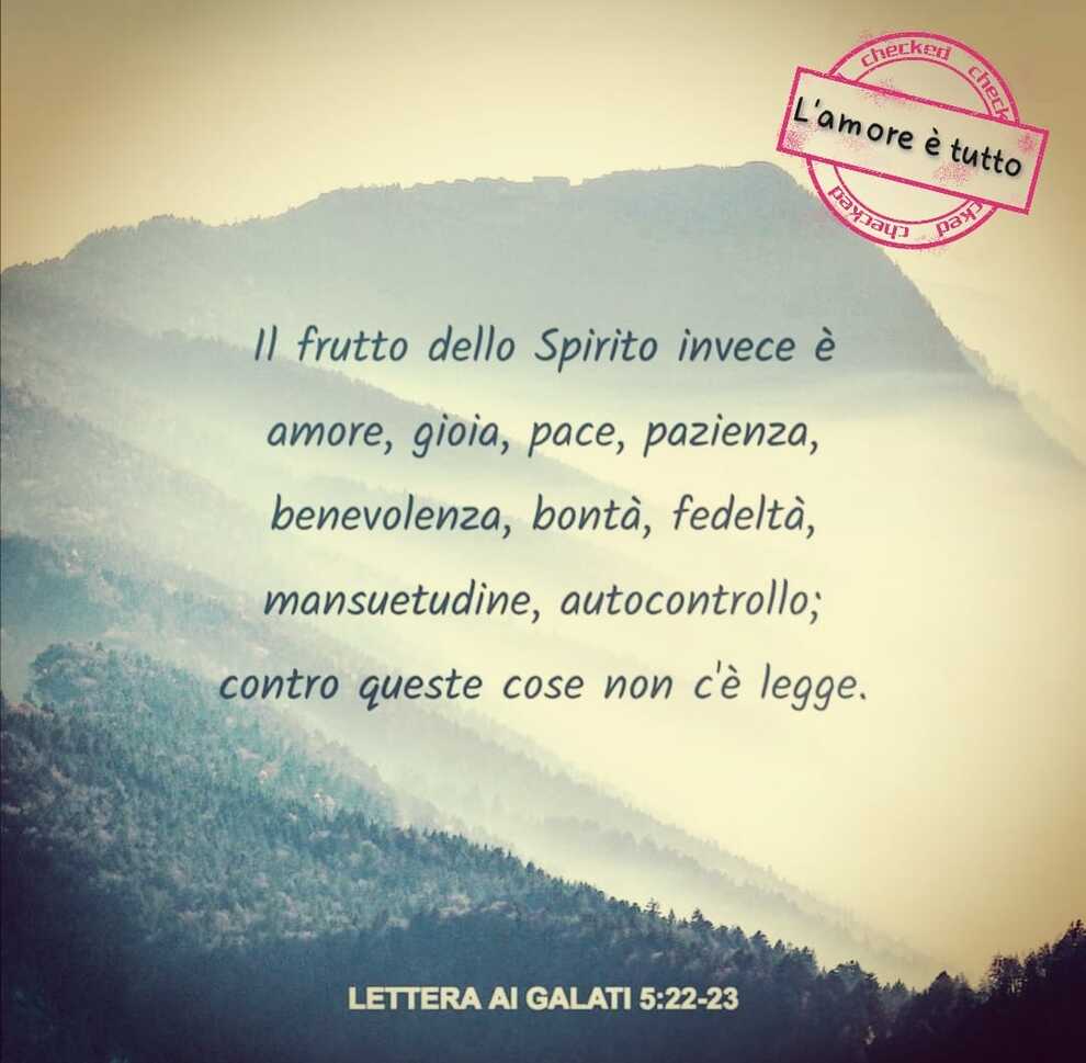 Il frutto dello Spirito invece è amore, gioia, pace, pazienza, benevolenza, bontà, fedeltà, mansuetudine, autocontrollo; contro queste cose non c'è legge [Lettera ai Galati 5 22:23]