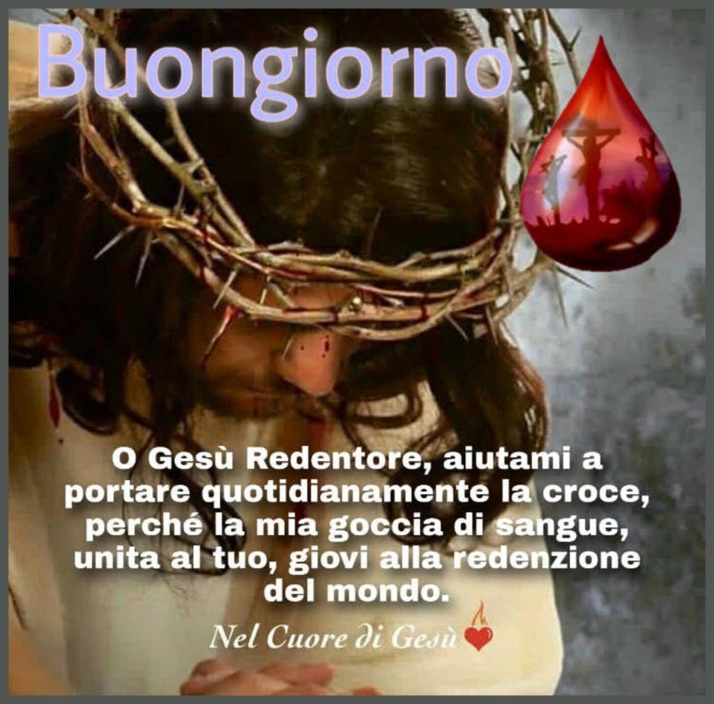 Buongiorno O Gesù Redentore, aiutami a portare quotidianamente la croce, perché la mia goccia di sangue, unita al tuo, giovi alla  redenzione del mondo