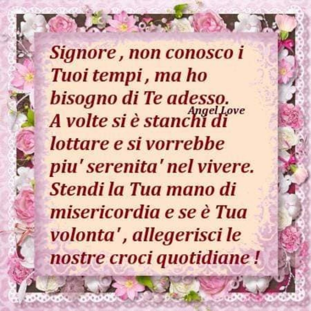 Signore, non conosco i Tuoi tempi, ma ho bisogno di Te adesso. A volte si è stanchi di lottare e si vorrebbe più serenità nel vivere. Stendi la Tua mano di misericordia e se è tua volontà, alleggerisci le nostre croci quotidiane!