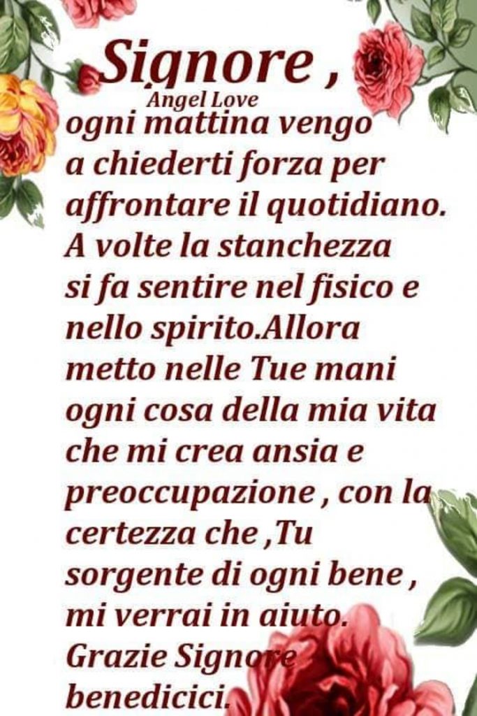 Signore, ogni mattina vengo a chiederti forza per affrontare il quotidiano. A volte la stanchezza si fa sentire nel fisico e nello spirito. Allora metto nelle Tue mani ogni cosa della mia vita che mi crea ansia e preoccupazione, con la certezza che, Tu sorgente di goni bene, mi verrai in aiuto. Grazie Signore benedicici