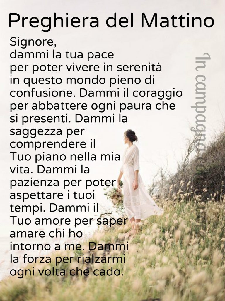 Preghiera del Mattino Signore, dammi la Tua pace per poter vivere in serenità in questo mondo pieno di confusione...