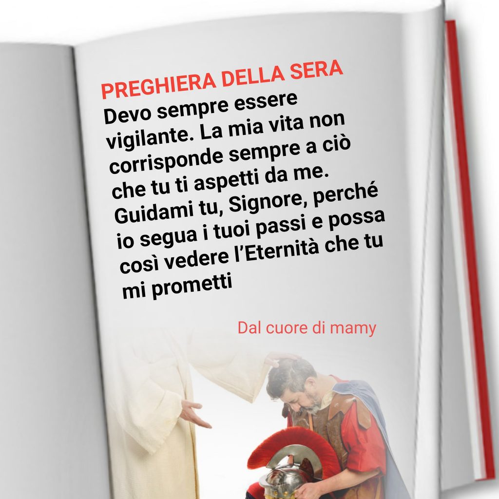 Preghiera della sera Devo sempre essere vigilante. La mia vita non corrisponde sempre a ciò che tu ti aspetti da me. Guidami tu, Signore, perché io segua i tuoi passi e possa così vedere l'Eternità che tu mi prometti