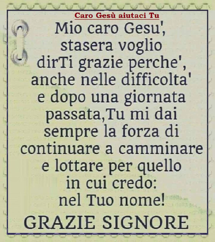 Mio caro Gesù stasera voglio dirTi grazie perché anche nelle difficoltà e dopo una giornata passata, Tu mi dai sempre forza di continuare a camminare e lottare per quello in cui credo: nel Tuo nome! Grazie Signore