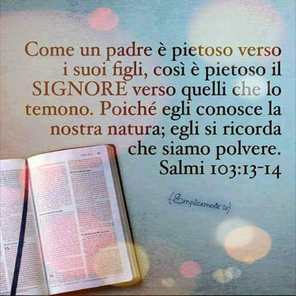 Come un padre è pietoso verso i suoi figli, così è pietoso il Signore verso quelli che lo temono. Poiché egli conosce la nostra natura; egli si ricorda che siamo polvere. Salmi 103:13-14