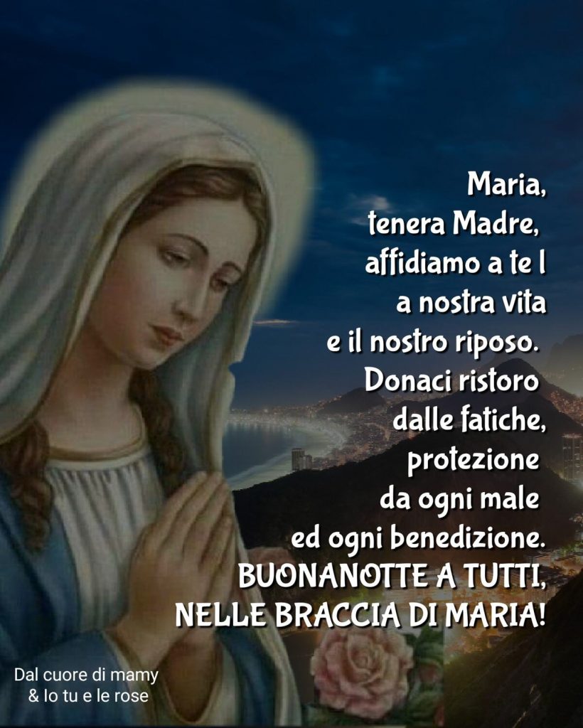 Maria, tenera Madre, affidiamo a te la nostra vita e il nostro riposo. Donaci ristoro dalle fatiche, protezione da ogni male ed ogni benedizione. Buonanotte a tutti, nelle braccia di Maria