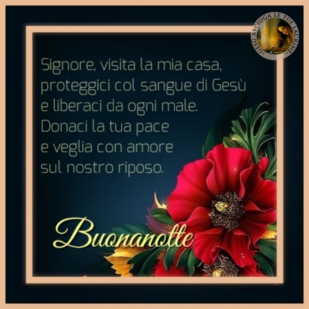 Signore, visita la mia casa, proteggici col sangue di Gesù e liberaci da ogni male. Donaci la tua pace e veglia con amore sul nostro riposo. Buonanotte