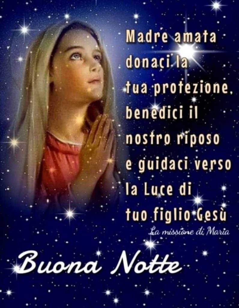 Buona Notte Madre amata donaci la tua protezione, benedici il nostro riposo e guidaci verso la Luce di tuo figlio Gesù