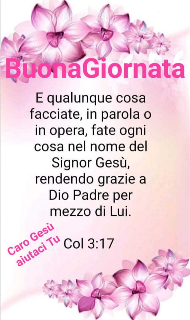 Buona Giornata E qualunque cosa facciate, in parola o in opera, fate ogni cosa nel nome del Signor Gesù, rendendo grazie a Dio Padre per mezzo di Lui Col 3:17