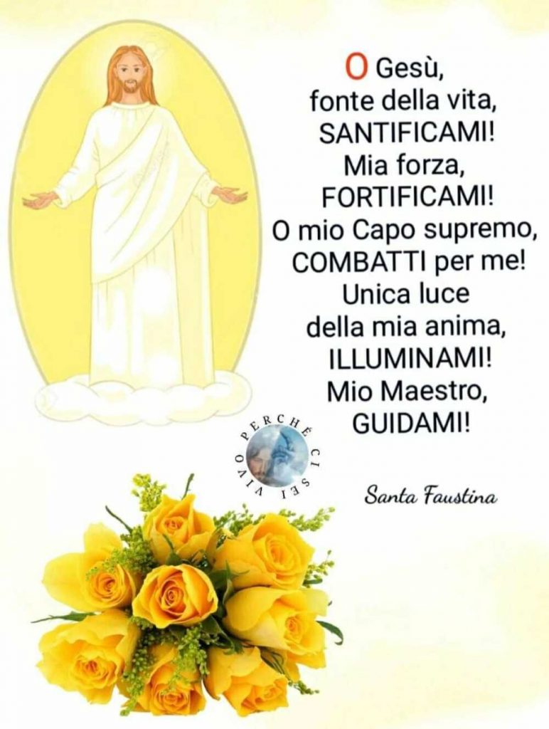 O Gesù fonte della vita, SANTIFICAMI! Mia forza FORTIFICAMI! O mio Capo supremo, COMBATTI per me! Unica luce della mia anima ILLUMINAMI! Mio Maestro, GUIDAMI!