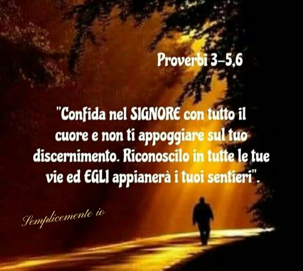 Proverbi "Confida nel Signore con tutto il cuore e non ti appoggiare sul tuo discernimento. Riconoscilo in tutte le tue vie ed Egli appianerà i tuoi sentieri"