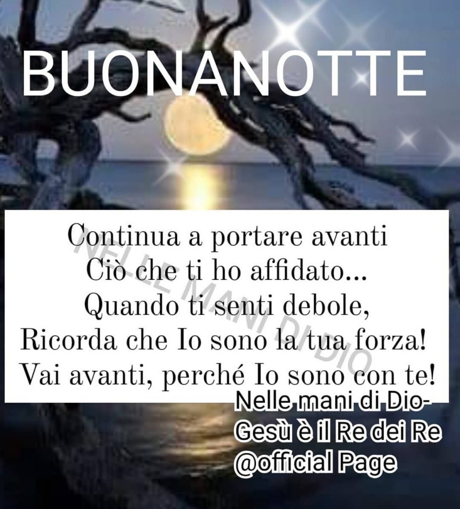 Buonanotte COntinua a portare avanti ciò che ti ho affidato... Quando ti senti debole, Ricorda che Io sono la tua forza! Vai avanti, perché Io sono con Te!