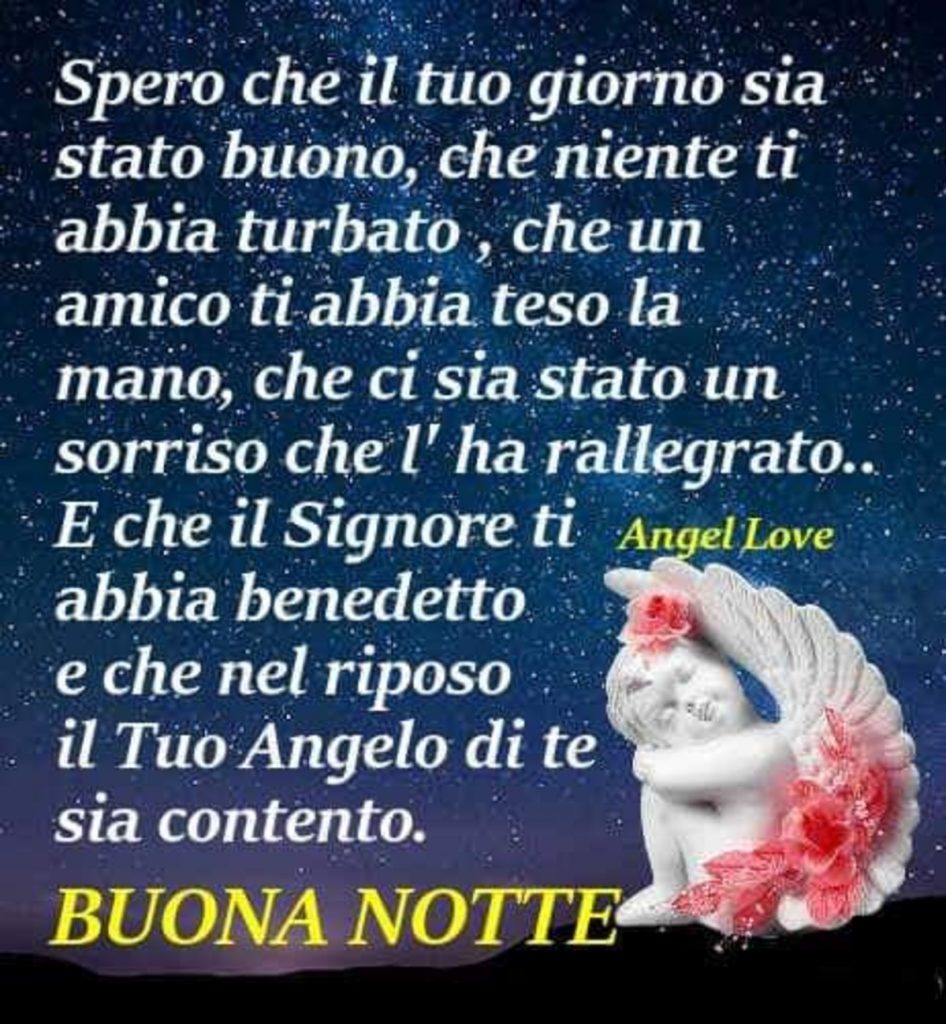 Spero che il tuo giorno sia stato buono, che niente ti abbia turbato, che un amico ti abbia teso la mano, che ci sia stato un sorriso che l'ha rallegrato.. E che il Signore ti abbia benedetto e che nel riposo il tuo Angelo di te sia contento. Buona Notte