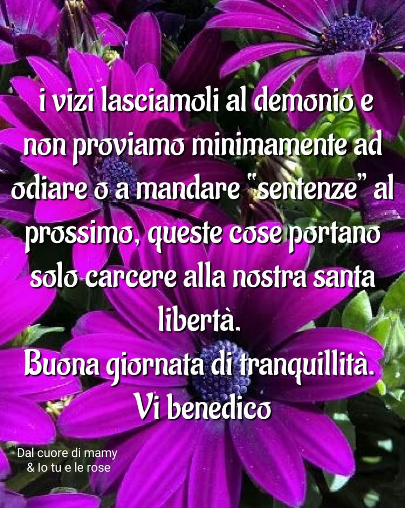 I vizi lasciamoli al demonio e non proviamo minimamente ad odiare o a mandare "sentenze"al prossimo, queste cose portano solo carcere alla nostra santa libertà. Buona giornata di tranquillità. Vi benedico