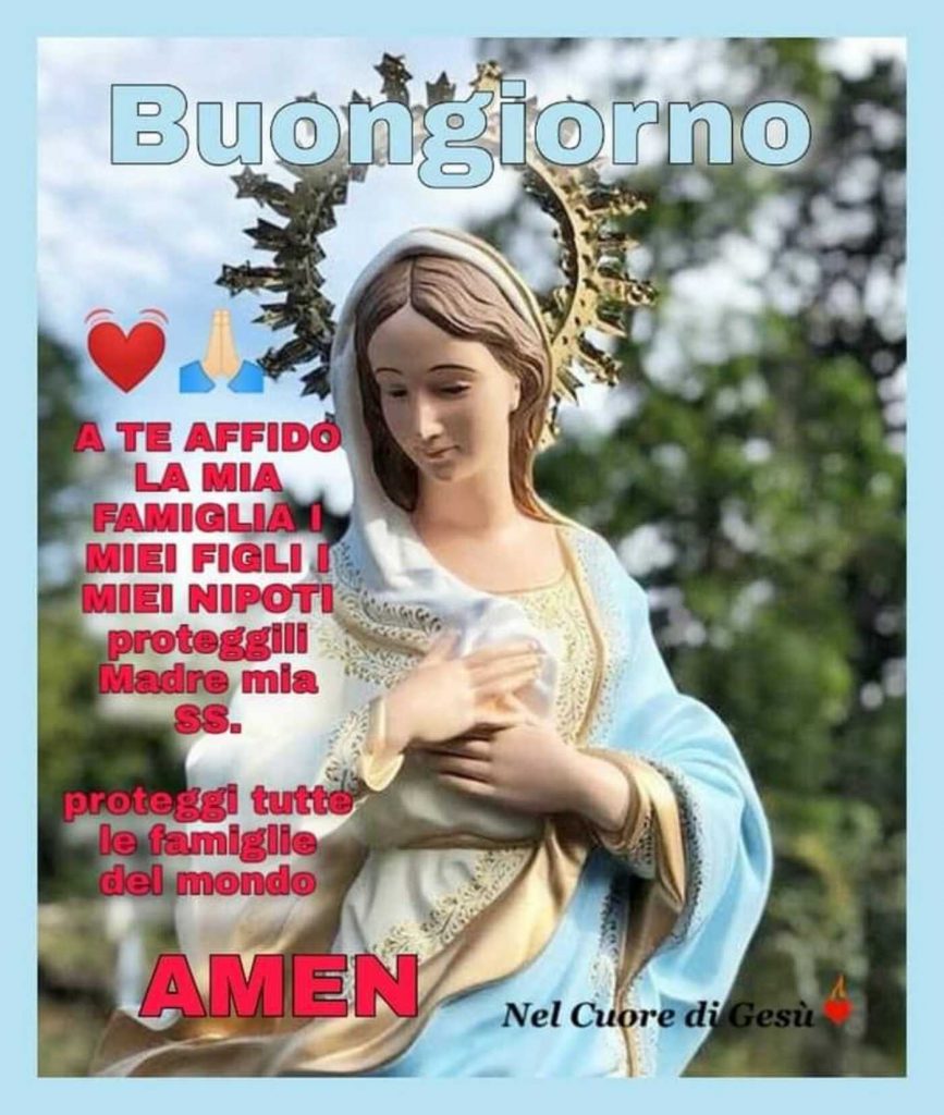 Buongiorno a te affido la mia famiglia i miei figli i miei nipoti proteggili Madre mia SS. proteggi tutte le mie famiglie del mondo AMEN