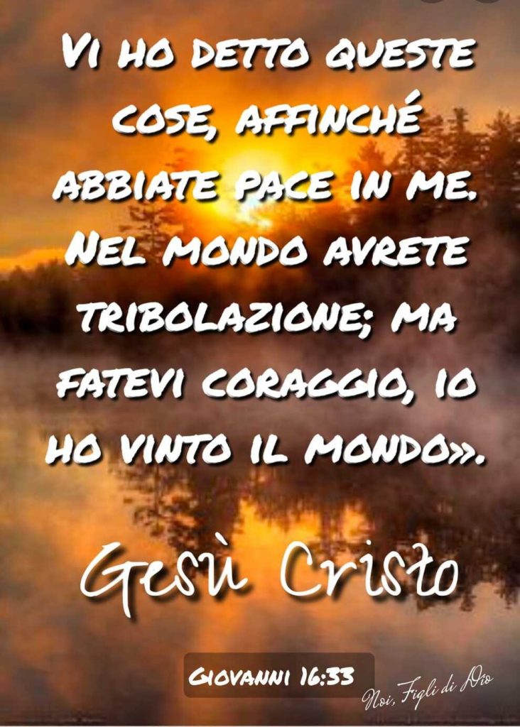 Vi ho detto queste cose, affinché abbiate pace in me, nel mondo avrete tribolazione; ma fatevi coraggio, io ho vinto il mondo Giovedì 16:33